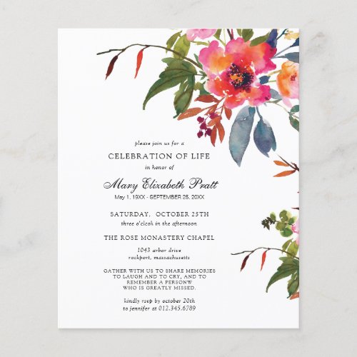 Budget Pink Flower Celebration of Life Invite