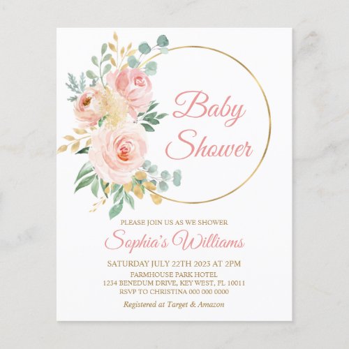 Budget Pink Flowers  Gold Baby Shower Invitation