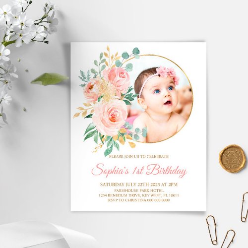 Budget Pink Flowers  Gold First Birthday Invite