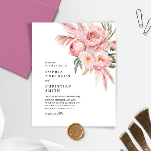 Budget Pink Flowers Pampas Grass  Wedding invitat