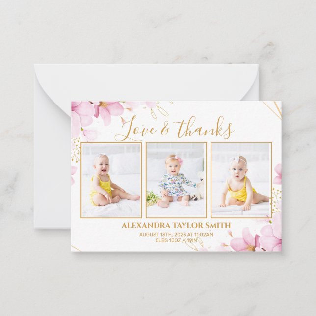 Budget Pink Flowers Photo Baby Thank You Card (Front)