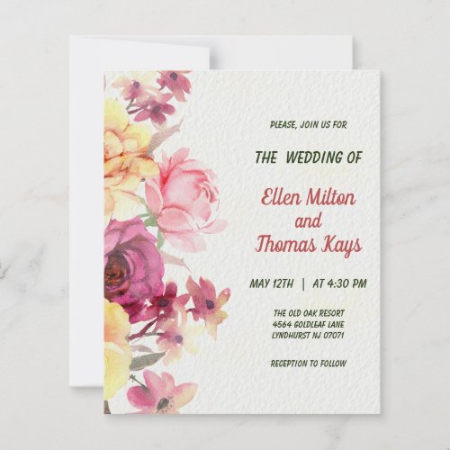 Budget pink fuchsia and yellow roses  invitation