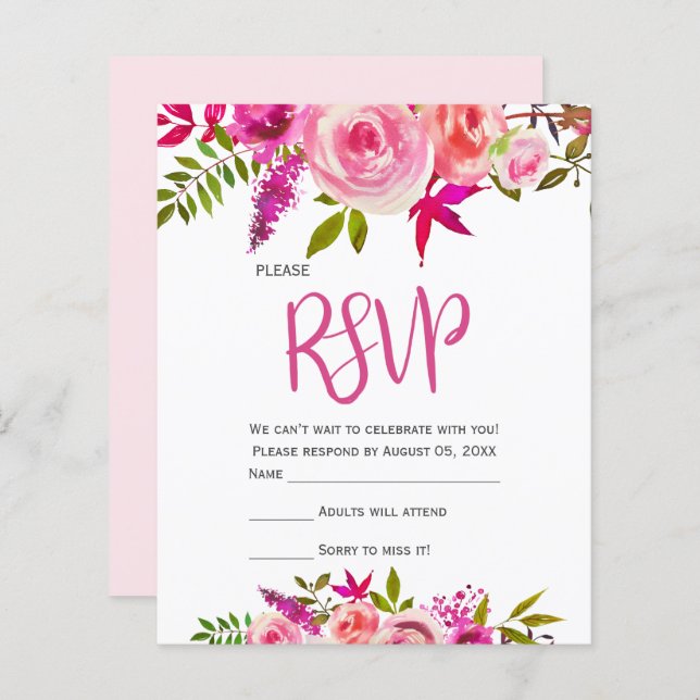 Budget Pink Fuchsia Botanical Floral Wedding RSVP  (Front/Back)