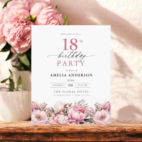Budget Pink Garden Floral 18th Birthday Invitation