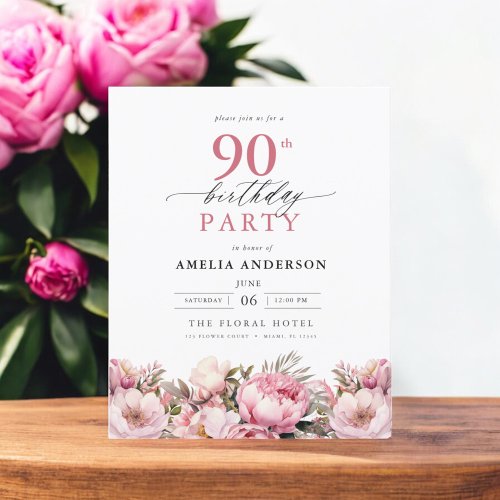 Budget Pink Garden Floral 90th Birthday Invitation