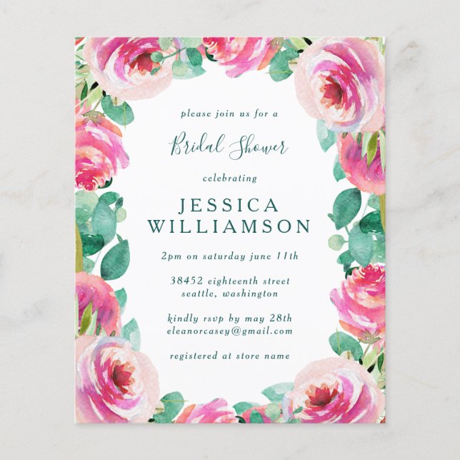 Budget Pink Garden Roses Floral Bridal Shower (Front)
