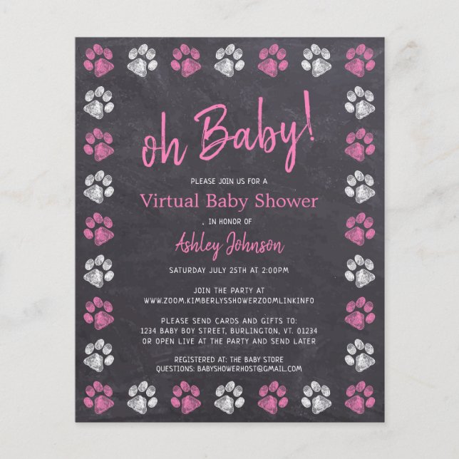 Budget Pink Girl Paw Print Virtual Baby Shower (Front)