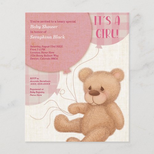 BUDGET Pink Girls Teddy Bear Baby Shower Invite