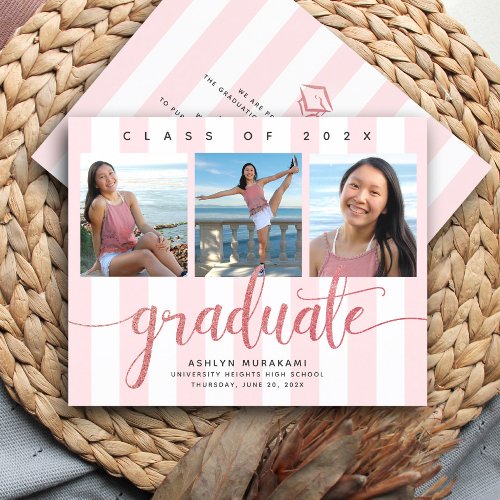 Budget pink glitter 3 photo graduation invitation 