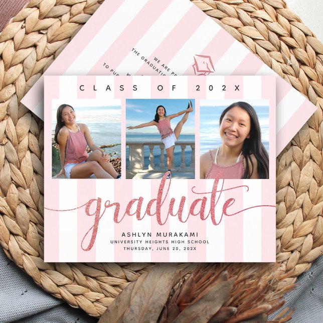 Budget pink glitter 3 photo graduation invitation  (Creator Uploaded)