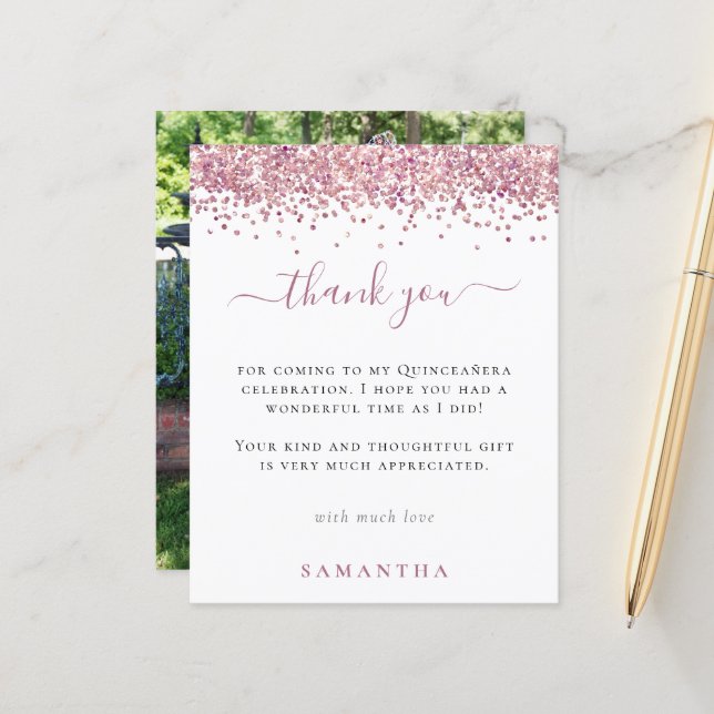 Budget Pink Glitter Photo Quinceanera Thank You (Front/Back In Situ)