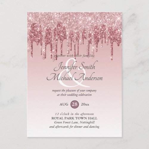 Budget Pink GlITTER Rose Gold WEDDING INVITATION Postcard