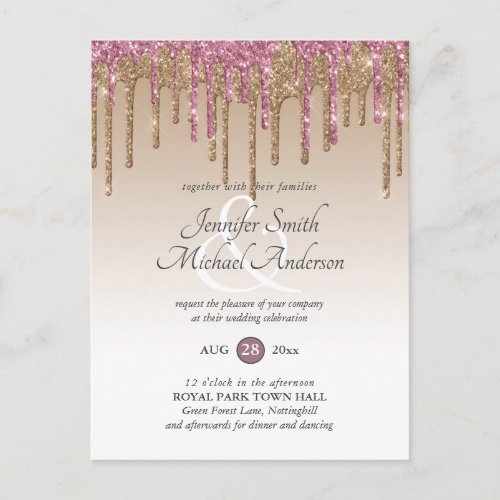 Budget Pink GlITTER Rose Gold WEDDING INVITATION Postcard