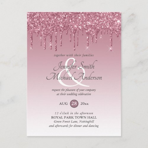 Budget Pink GlITTER Rose Gold WEDDING INVITATION Postcard