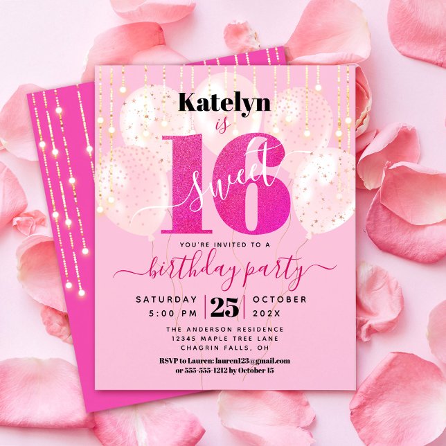 Budget Pink Glitter Sweet 16 Balloons Invitation (Creator Uploaded)