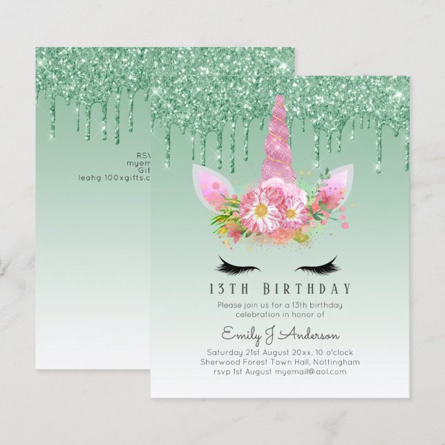 BUDGET Pink Glitter Unicorn Girls Birthday Invites (Front/Back)