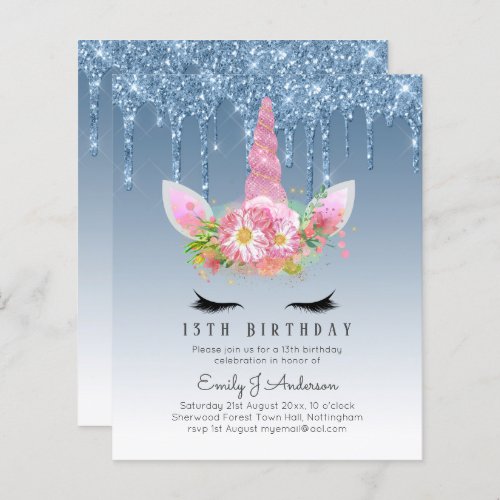 BUDGET Pink Glitter Unicorn Girls Birthday Invites