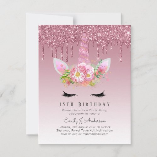 BUDGET Pink Glitter Unicorn Girls Birthday Invites