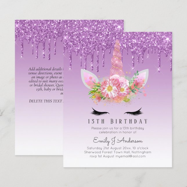 BUDGET Pink Glitter Unicorn Girls Birthday Invites (Front/Back)