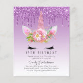 BUDGET Pink Glitter Unicorn Girls Birthday Invites (Front)