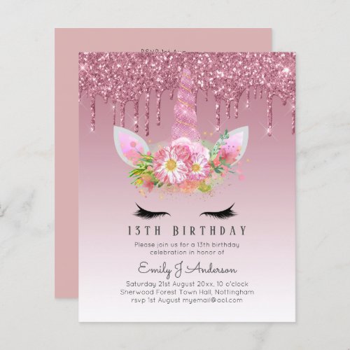 BUDGET Pink Glitter Unicorn Girls Birthday Invites