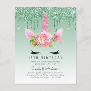 BUDGET Pink Glitter Unicorn Girls Birthday Invites Flyer