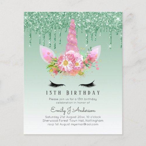 BUDGET Pink Glitter Unicorn Girls Birthday Invites Flyer