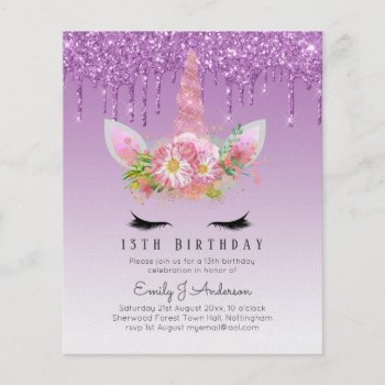 Budget Pink Glitter Unicorn Girls Birthday Invites Flyer by invitationz at Zazzle