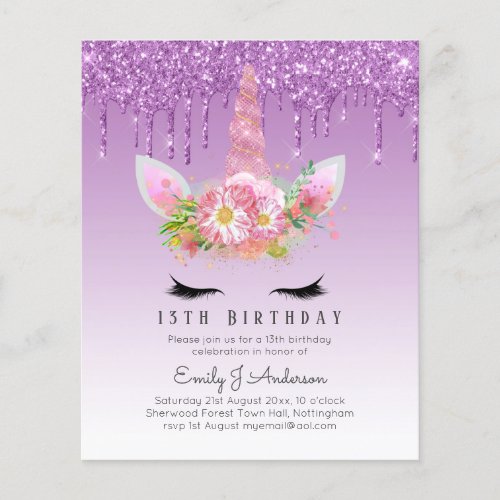 BUDGET Pink Glitter Unicorn Girls Birthday Invites Flyer