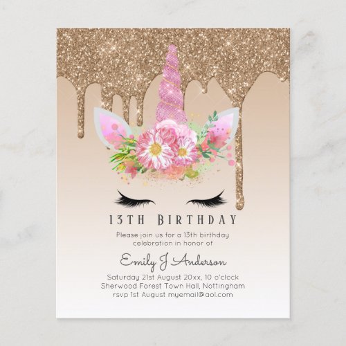 BUDGET Pink Glitter Unicorn Girls Birthday Invites Flyer