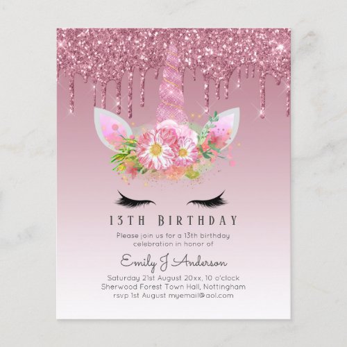 BUDGET Pink Glitter Unicorn Girls Birthday Invites Flyer