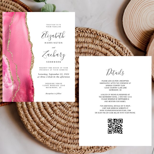 Budget Pink Gold Agate QR Code Wedding Invitation (Creator Uploaded)