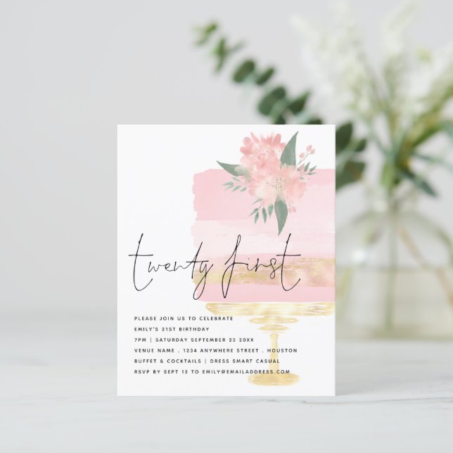 Budget Pink Gold Birthday Cake 21st Party Invite (Standing Front)