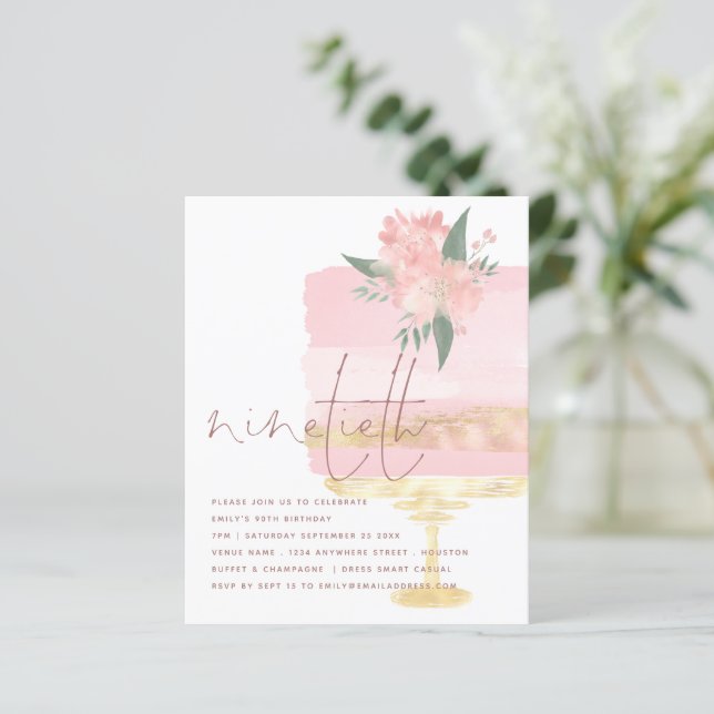 Budget Pink Gold Birthday Cake 90th Party Invite (Standing Front)