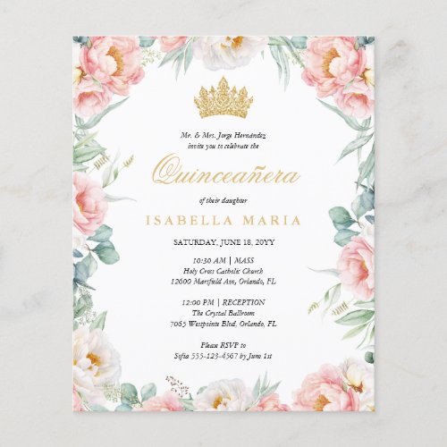 Budget Pink Gold Floral Quinceaera Invitation