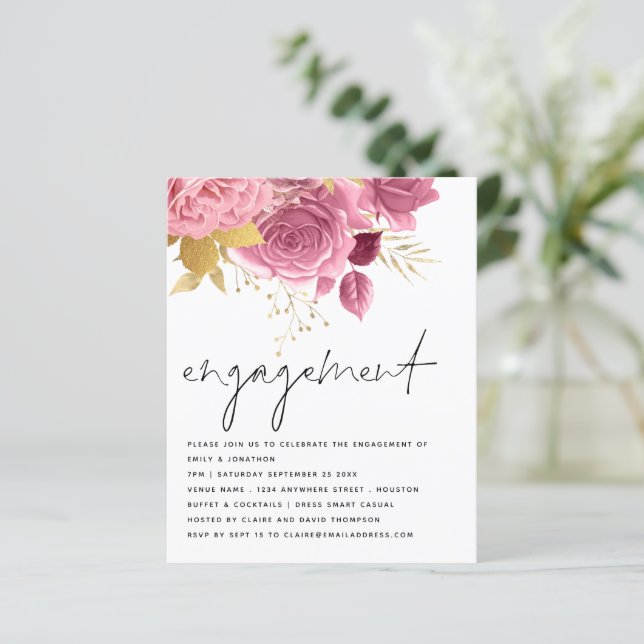 Budget Pink Gold Florals Engagement Party Invite (Standing Front)
