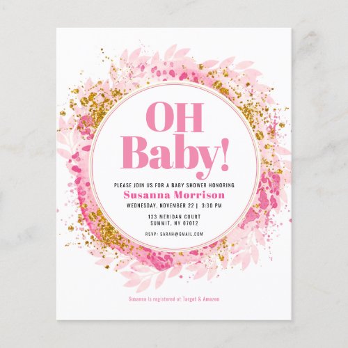 Budget Pink  Gold Glitter Baby Shower Invitation