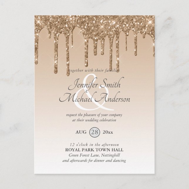 Budget Pink Gold Glitter Dripping WEDDING INVITE (Front)