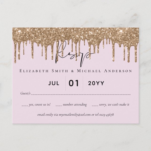 BUDGET Pink Gold Glitter Wedding RSVP Postcard (Front)