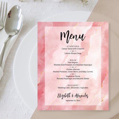 Budget Pink Gold Marble Wedding Menu Flyer