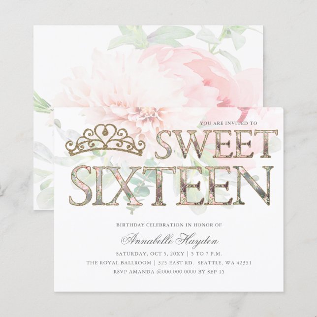 Budget Pink Gold Tiara Floral Sweet 16 Invitation (Front/Back)