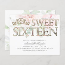 Budget Pink Gold Tiara Floral Sweet 16 Invitation