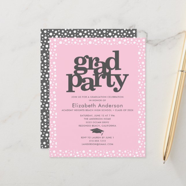 Budget pink gray grad cap bold girly party invite (Front/Back In Situ)