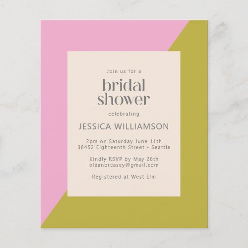 Budget Pink Green Color Block Bridal Shower Invite