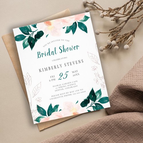 Budget pink green floral bridal shower invitation flyer
