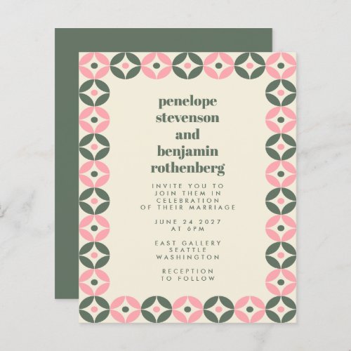 Budget Pink Green Mid Mod Geometric Wedding Invite