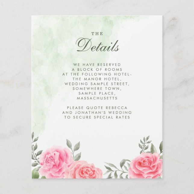 Budget Pink Green Rose Floral Wedding Details Flyer (Front)