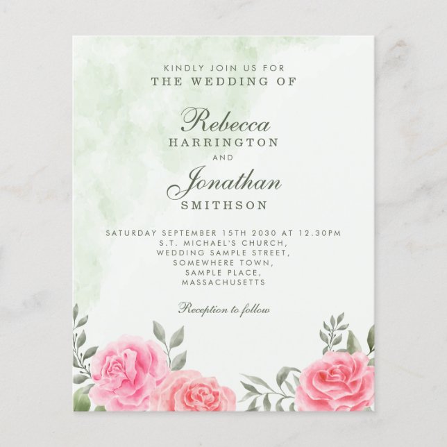 Budget Pink Green Rose Floral Wedding Invitation (Front)