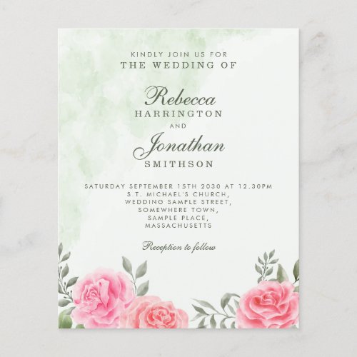 Budget Pink Green Rose Floral Wedding Invitation