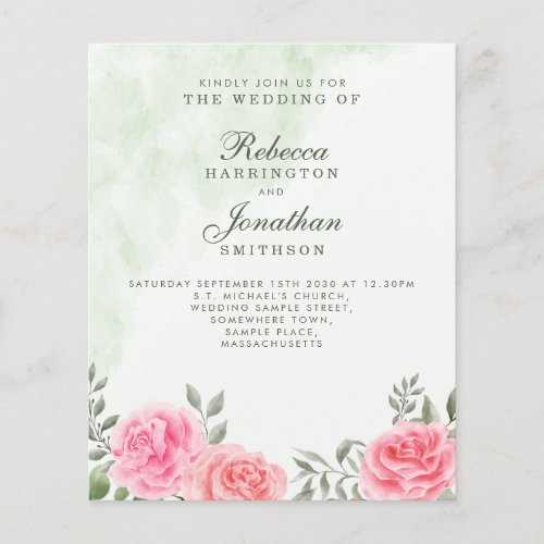 Budget Pink Green Rose Floral Wedding Invite RSVP